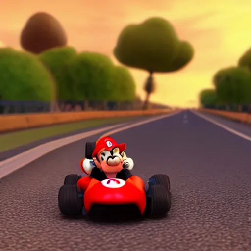 Image similar to cat driving mario kart on realistic road, motion blur, clear sky, golden hour, unobstructed road, artstation