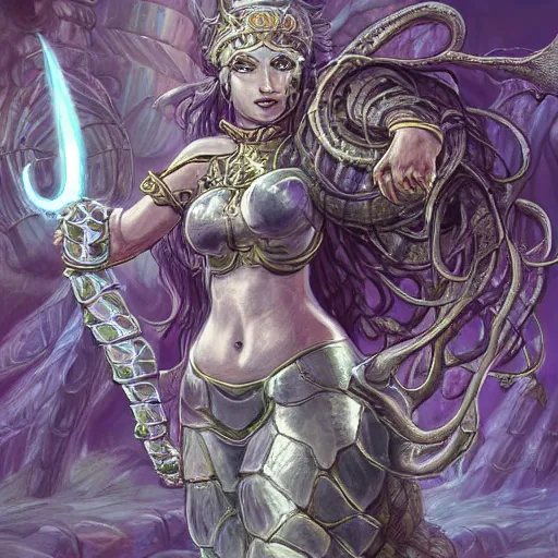 Prompt: torquoise armored medusa holding a spear, snake hair, snake hair, snake hair, medusa, medusa!, pillars background with ruined and statues, fantasy game art, fantasy rpg, league of legends