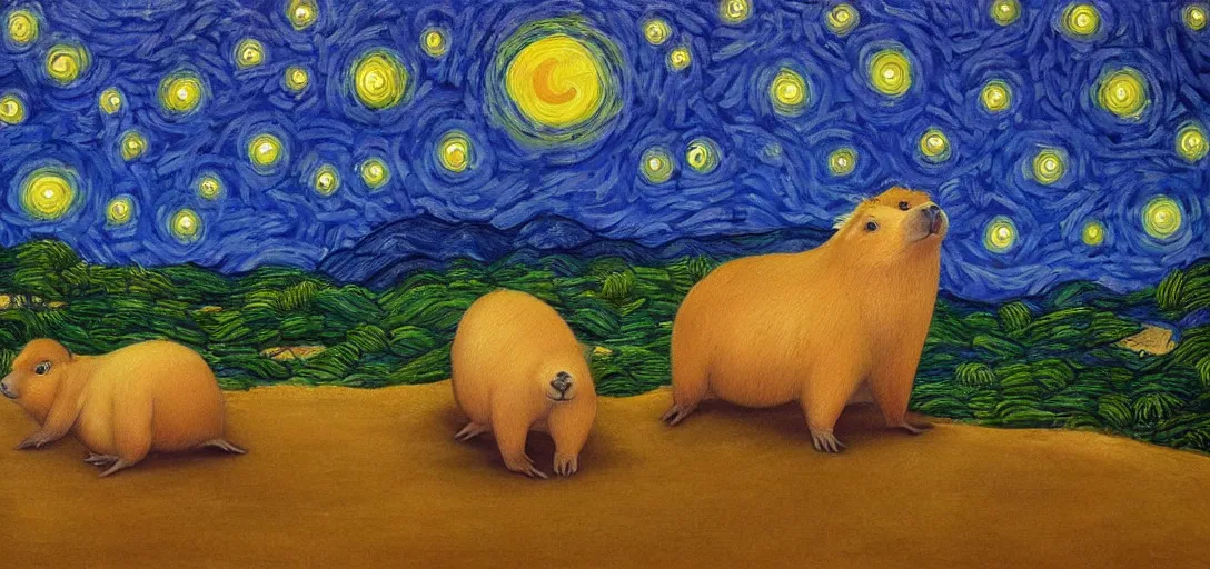 Image similar to Capybara painting in the Style of Starry Night