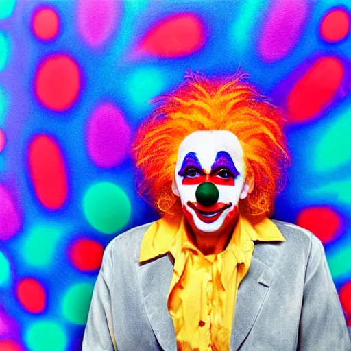 Image similar to UHD photorealistic Cosmic Einstein wearing a clown costume with real clown makeup in the style of tonalism