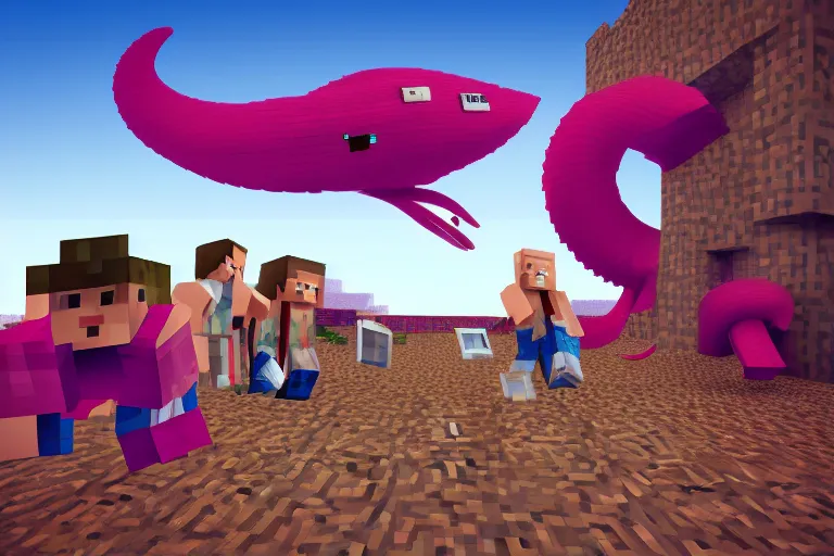 Image similar to giant squids battling in the sky, minecraft, 3 d render cinestill, highly detailed, 4 k