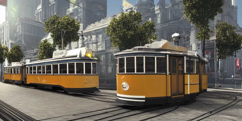 Image similar to triple decker tram, retro futuristic, volumetric lighting, photorealistic, daytime, sunny weather, sharp focus, ultra detailed, 4 0 0 0 k