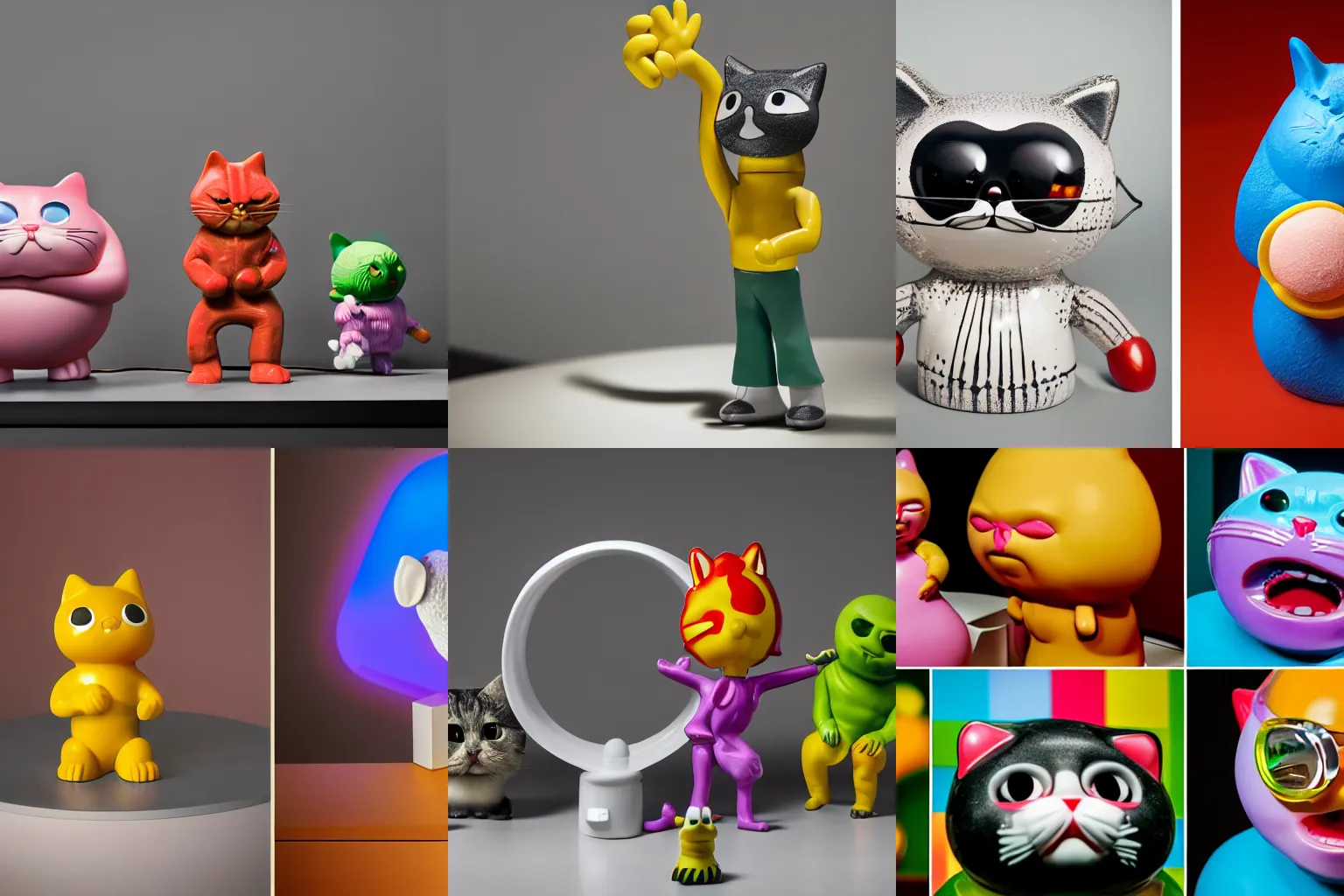 Prompt: High detail photography, 8K, disco pictoplasma, one simple angry screaming ceramic toy Figure cat sculpture, 3d primitives, in a Studio hollow, by pixar, by jeff koons, joints, by jonathan ive, by david lachapelle, simulation