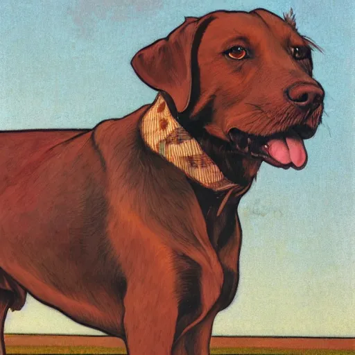 Image similar to portrait of brown danish - swedish farmdog with a background in the style of mucha