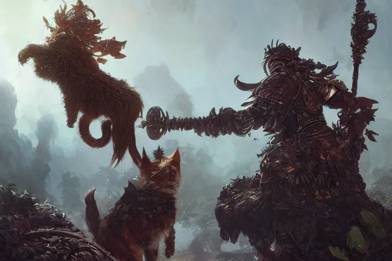 Prompt: a muscular tunesian man wearing plants as armor fighting a fluffy cat wearing a crown and cape wielding a scepter, fantasy, digital painting, volumetric light, intricate, sharp, focus, bloom, illustration, highly detailed, concept art, matte, ruan jia, randy vargas, greg rutkowski