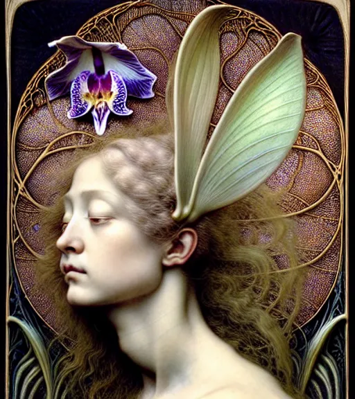 Image similar to beautiful young orchid fairy detailed realistic porcelain face portrait by jean delville, gustave dore, iris van herpen and marco mazzoni, art forms of nature by ernst haeckel, art nouveau, symbolist, visionary, gothic, neo - gothic, pre - raphaelite, fractal lace, intricate alien botanical biodiversity, surreality, hyperdetailed ultrasharp octane render