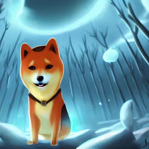 Image similar to anthropomorphic shiba inu mage travels through a forest, cinematic lighting, Fantasy Art