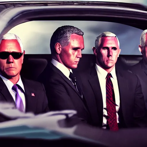Image similar to Mike Pence Vice President in the back seat of the car in the opening scene of Reservoir Dogs bleeding and screaming I'm Gonna Make It!, cinematic 35 mm HDRI photo real octane render