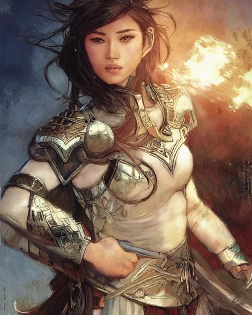 Image similar to a beautiful and strong female warrior by Ross Tran and Jules Bastien-Lepage and Laura Sava