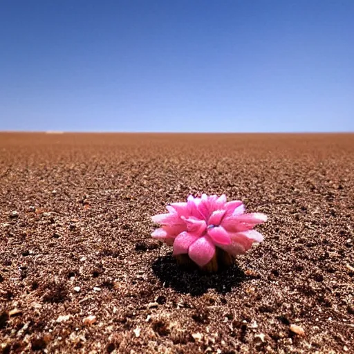 Prompt: a single small pretty desert flower blooms in the middle of a bleak arid empty desert, near the flower a large topaz crystal is partly revealed, background sand dunes, clear sky, low angle, dramatic, cinematic, tranquil, alive, life.