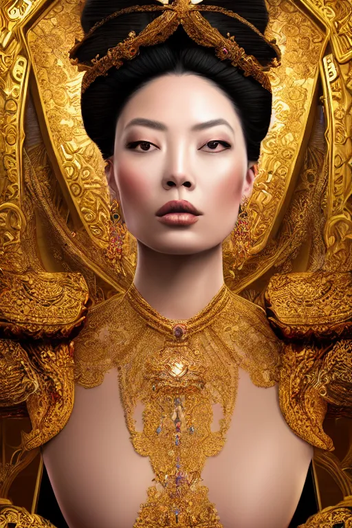 Image similar to a beautiful empress portrait, with a brilliant, impossible striking shiny big gold headpiece, gold clothes, rococo, baroque, jewels, asian, realistic, closeup, D&D, fantasy, intricate, elegant, highly detailed, digital painting, artstation, octane render, studio lighting, 8k, concept art, matte, sharp focus, illustration, art by Artgerm and Greg Rutkowski and Alphonse Mucha