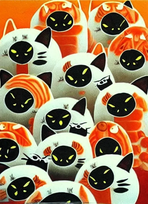 Image similar to clear surrealist painting of adorable cats made out of sushi