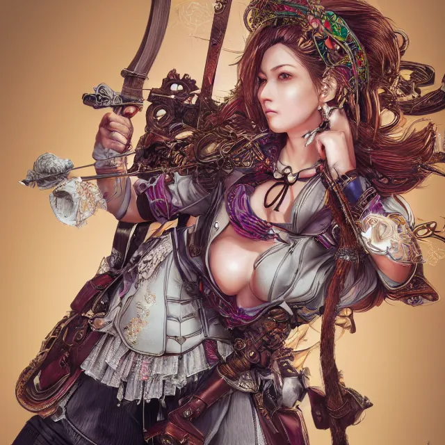 Image similar to the portrait of lawful neutral semi - colorful female archer socialite as absurdly beautiful, gorgeous, elegant, young gravure idol, an ultrafine hyperdetailed illustration by kim jung gi, irakli nadar, intricate linework, bright colors, octopath traveler, final fantasy, unreal engine 5 highly rendered, global illumination, radiant light, detailed and intricate environment