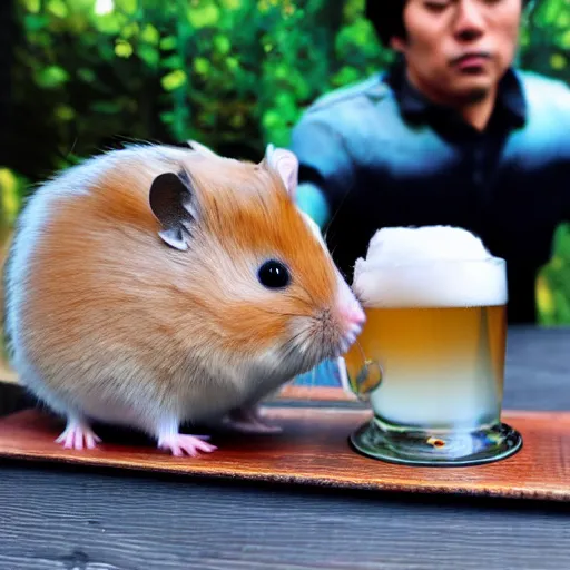 Prompt: japanese hamster samurai drinking beer in big cup