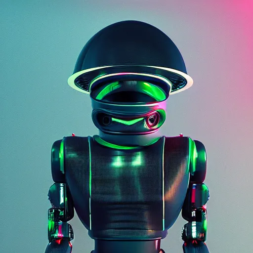 Image similar to a robotic android in a buckethat and raincoat, synthwave, artstation, blender, octane render, 8k