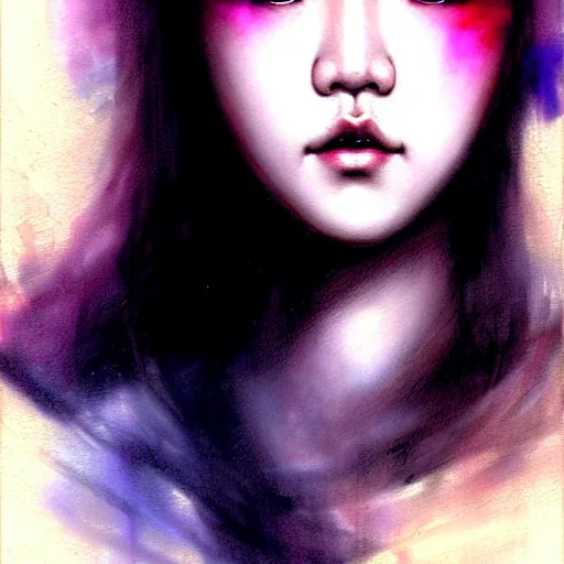 Image similar to jisoo of blackpink, hyperrealistic portrait, bladerunner street, by karol bak and agnes cecile, fantasy art, photo realistic, dynamic lighting, artstation, poster, volumetric lighting, very detailed face, 8 k, award winning