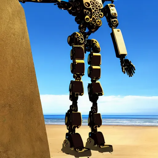 Image similar to bipedal humanoid robot invading omaha beach, hyper realistic, 4 k, highly ornate intricate details, sharp image, incredible detail,