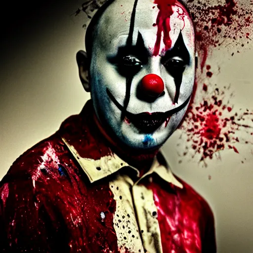 Prompt: medium shot of an expressionless clown with blood splattered on his face, muted tones, slightly out of focus, found footage, bland colors