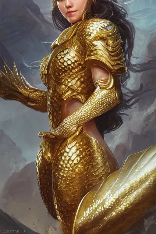 Image similar to mermaid with golden armor, d & d, fantasy, portrait, highly detailed, headshot, digital painting, trending on artstation, concept art, sharp focus, illustration, art by artgerm and greg rutkowski and magali villeneuve