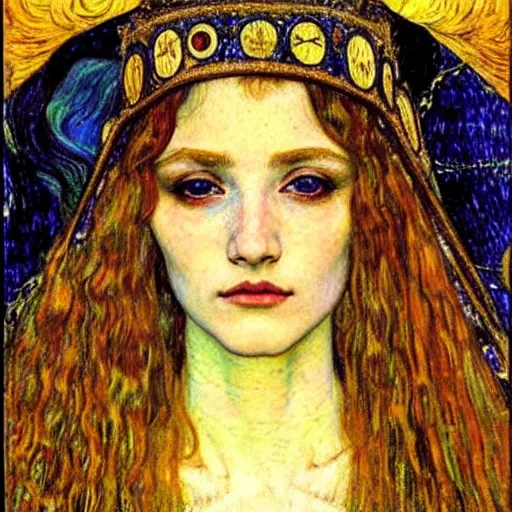 Image similar to detailed realistic beautiful young medieval queen face portrait by jean delville, gustav klimt and vincent van gogh, art nouveau, symbolist, visionary, gothic, pre - raphaelite