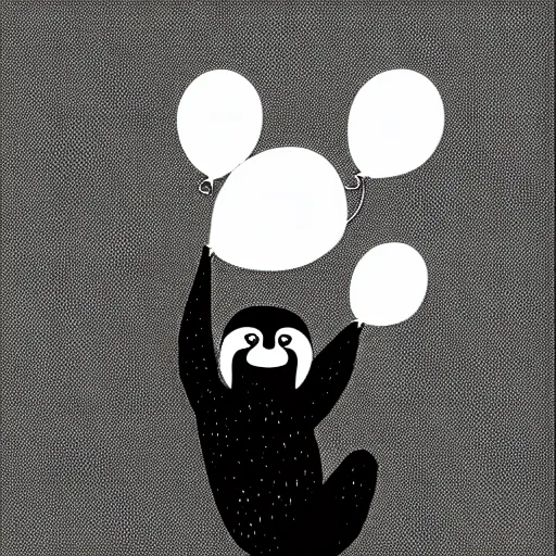 Image similar to book illustration of a sloth holding balloons, book illustration, monochromatic, white background, black and white image