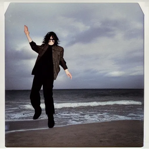 Image similar to 9 0 s polaroid photograph of norman reedus wearing a trenchcoat at night, dancing on a beach during cloudy weather, vignette