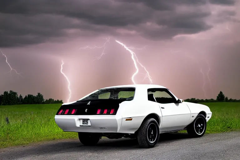 Image similar to pontiac firebird with white paint, cat inside car, sunrise, eerie light, fireflies, dog watching the car, dramatic, cinematic, forest, horror, sunbeams, volumetric lighting, wide shot, low angle, lightning storm hitting the car, ground cracking open to reveal a portal to hell