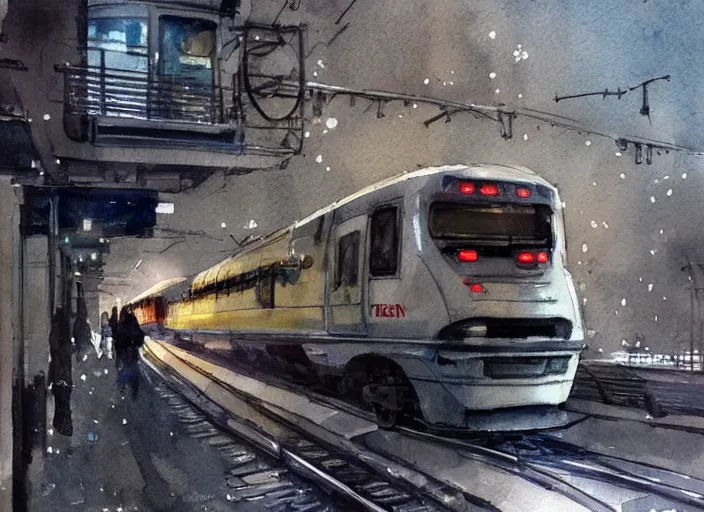 Image similar to concept art of a urban train pinterest, artstation trending, behance, watercolor, by coby whitmore *, silver, laser light *,