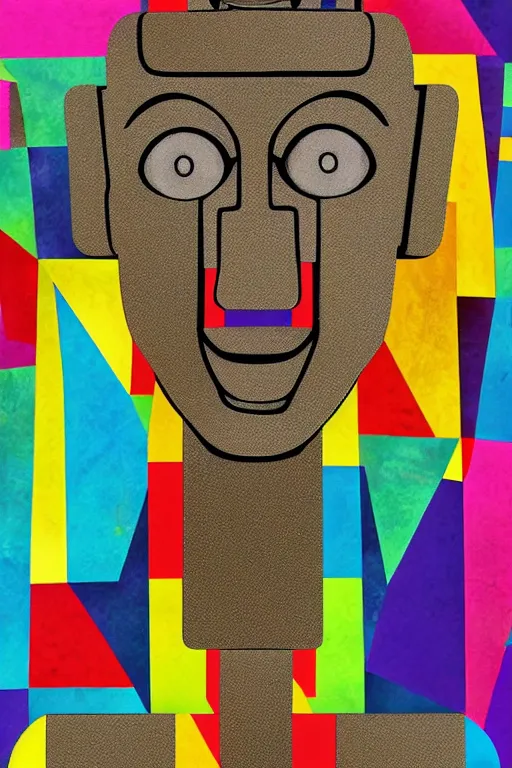 Image similar to cubist moai statue cutout digital illustration cartoon colorful beeple