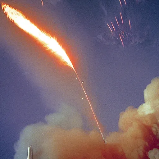 Prompt: apollo command module reentering the earth's atmosphere, heatshield ablasion, fire, dramatic, photograph, epic, cinematic, trail of sparks