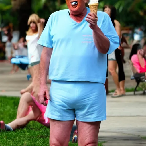 Image similar to donald trump wearing a pair of light blue hoochie daddy shorts and a pink miami beach t-shirt while enjoying himself a pistachio ice cream cone in the park, high-res, hyperrealistic,