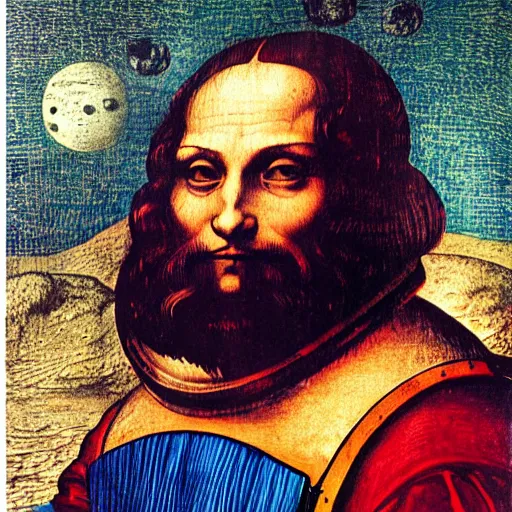 Prompt: self portrait of leonardo da vinci wearing a spacesuit on the moon