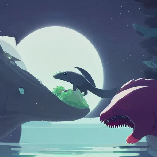 Prompt: a tyrannosaurus eating a baby harp seal, in a tropical alien world, atey ghailan, goro fujita, studio ghibli, scary lighting, clear focus, very coherent