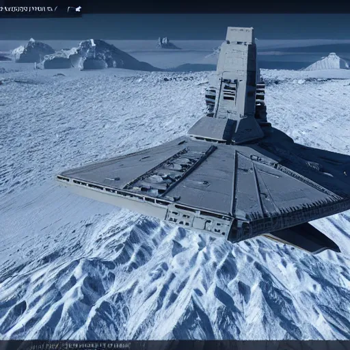 Image similar to star destroyer flying over snow from star wars movies, 4k ultra realistic, unreal engine 5 quality, trending on artstation