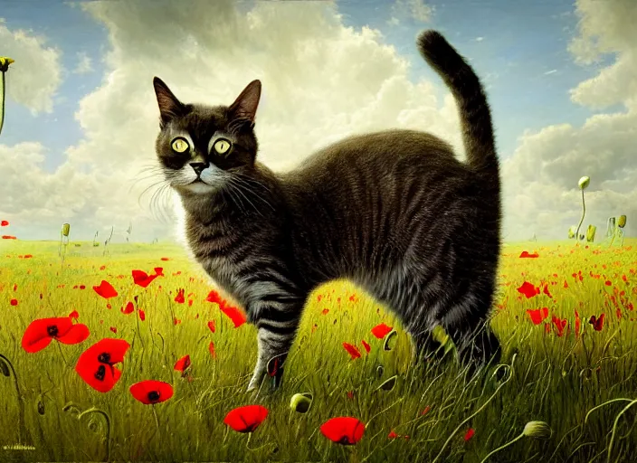 Image similar to the cat in the field from : meadow flowers, dandelions, poppy, tulip, chamomile, hyperrealism, no blur, 4 k resolution, ultra detailed, style of ivan shishkin, tyler edlin, tom bagshaw, arthur rackham,