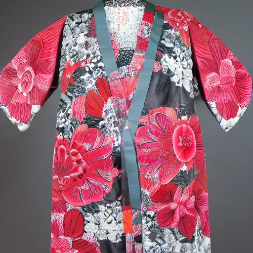 Prompt: floral crimson kimono, highly detailed, hyper intricate