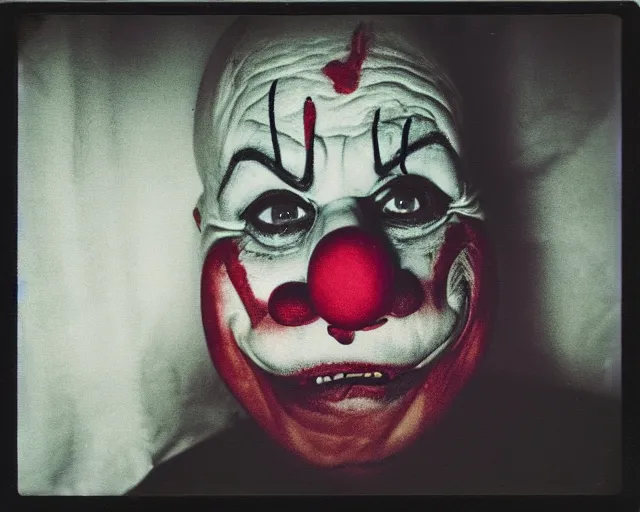 Image similar to polaroid photograph of a scary clown hiding under a bed, moody lighting, horror