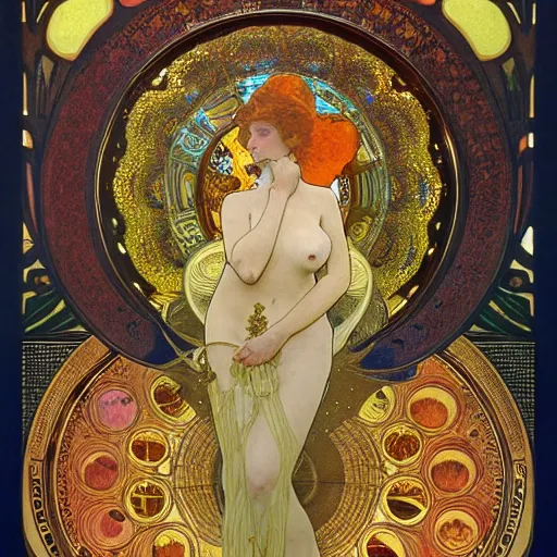 Image similar to A woman with a colored face, standing in gold foil, her face in discs, she has a diamond eye, orange Alphonse Mucha, Ernst Haeckel