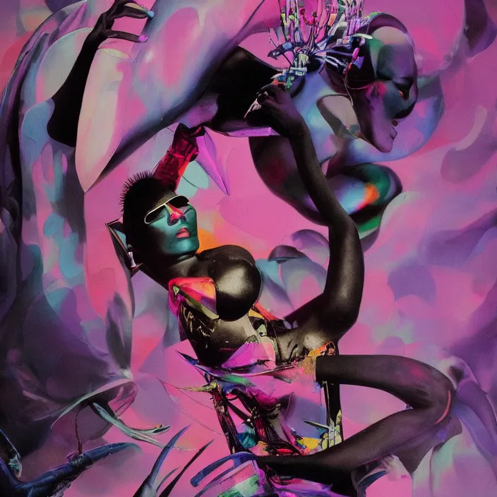 Prompt: fashionable photo of grace jones in stylish goth make - up, portrait, cyberpunk, pastel colors, highly detailed, vibrant painting, volumetric light, petite, digital art, by bruce pennington, by wayne barlowe, by takashi murakami, by john berkey