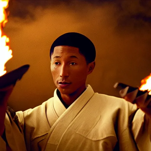 Image similar to cinematic film still Pharrell Williams starring as a Samurai holding fire, Japanese CGI, VFX, 2003, 40mm lens, shallow depth of field,film photography