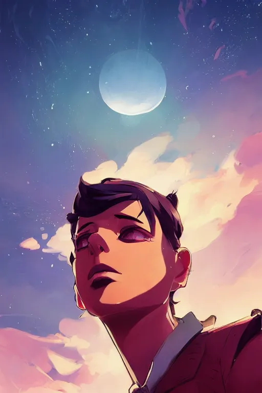 Image similar to looking up into the sky i see an anxious reflection of myself behance hd artstation by jesper ejsing, by rhads, makoto shinkai and lois van baarle, ilya kuvshinov, ossdraws, that looks like it is from borderlands and by feng zhu and loish and laurie greasley, victo ngai, andreas rocha