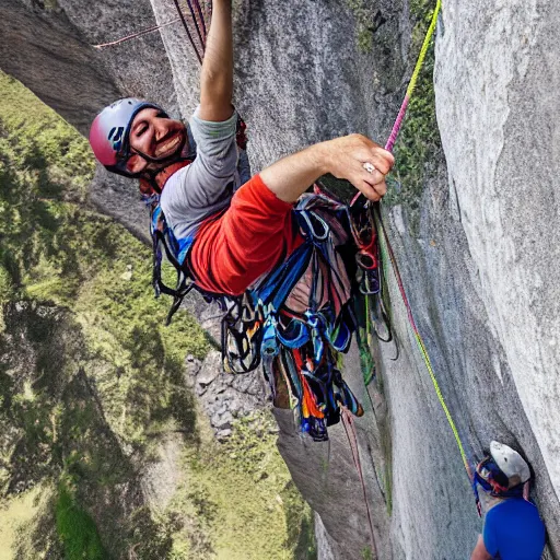 Image similar to rock climbing a multi pitch route, hyper realistic photo made by the lead climber, happy climbers enjoying a nice sunny day in a good mood