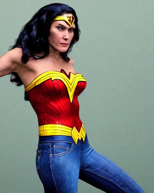 Image similar to a Chimpanzee, dressed as Wonder Woman, is wearing tight fit Blue Jean pants, photographed in the style of Annie Leibovitz, photorealistic