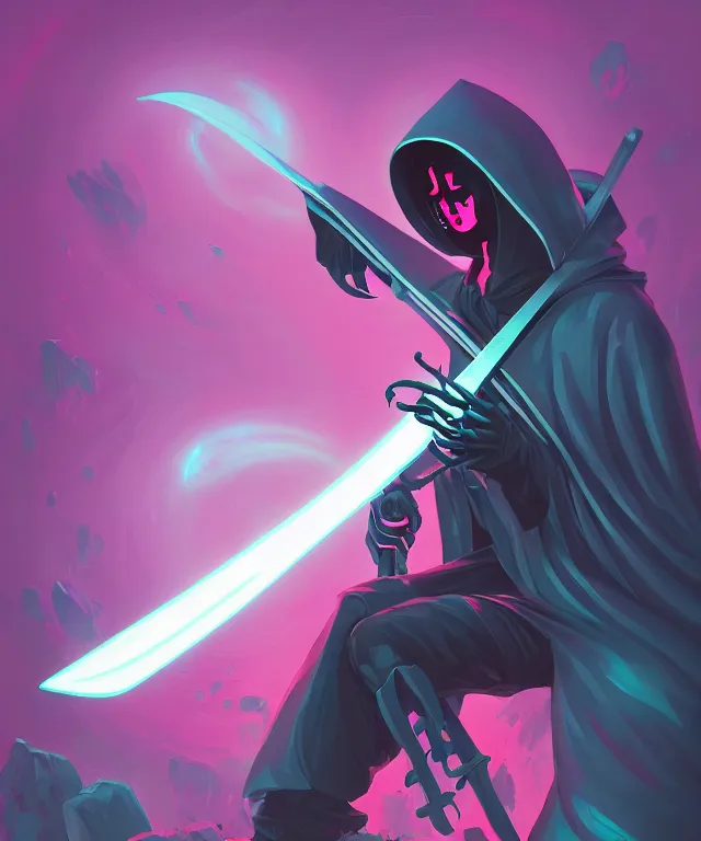 Prompt: a portrait of a hooded neon grimm reaper holding a single scythe, fantasy, elegant, digital painting, artstation, concept art, matte, sharp focus, illustration, art by josan gonzalez