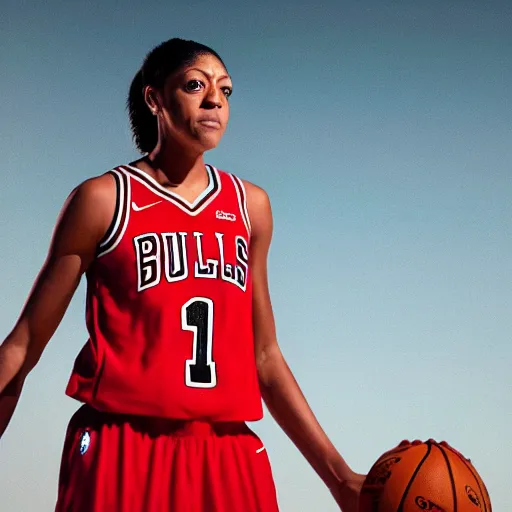 Image similar to candace parker in bulls jersey, high contrast, high saturation cinematic film still