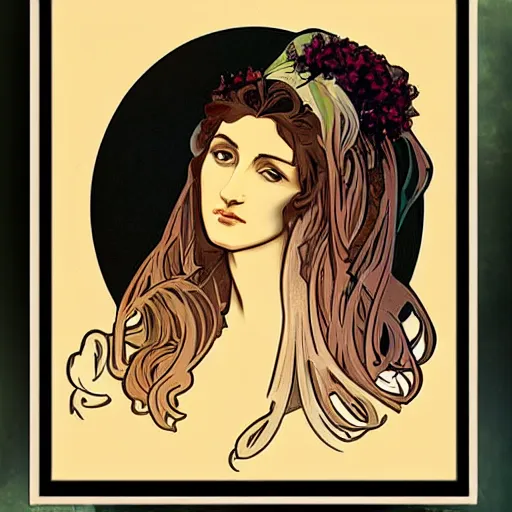 Prompt: female portrait, in the style of alphonse mucha and alex grey