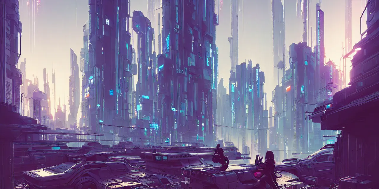 Image similar to cyberpunk synth, hyper - realistic detailed cyberpunk cityscape, by atey ghailan, by greg rutkowski, by greg tocchini, by james gilleard, by joe fenton, by kaethe butcher, dynamic lighting, gradient light blue, brown, blonde cream and white color scheme, grunge aesthetic