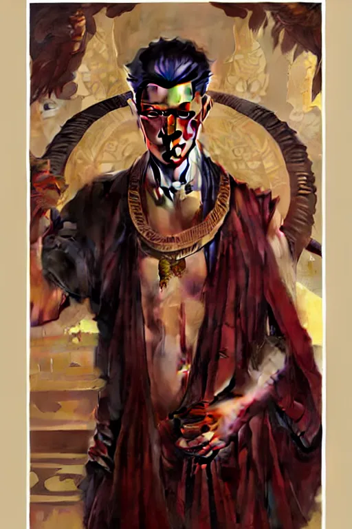 Image similar to male, temple, taoism, painting by greg rutkowski, j. c. leyendecker, artgerm