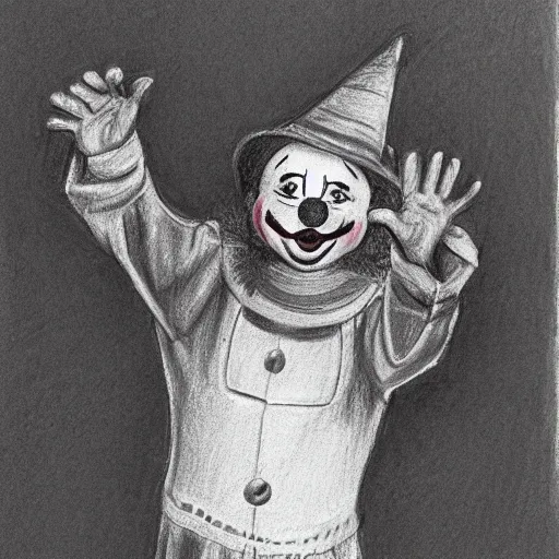 Prompt: clown waving hello, pencil sketch