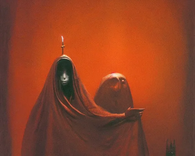 Prompt: lamprey by francis bacon, beksinski, mystical redscale photography evocative. devotion to the scarlet woman in her cathedral, priestess in a conical hat, coronation, ritual, sacrament